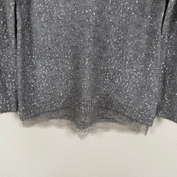 Chico's Women Silver Sequined Sweater Size 0 (US Small/4) Lace Hem Glam Holiday - Picture 3 of 10